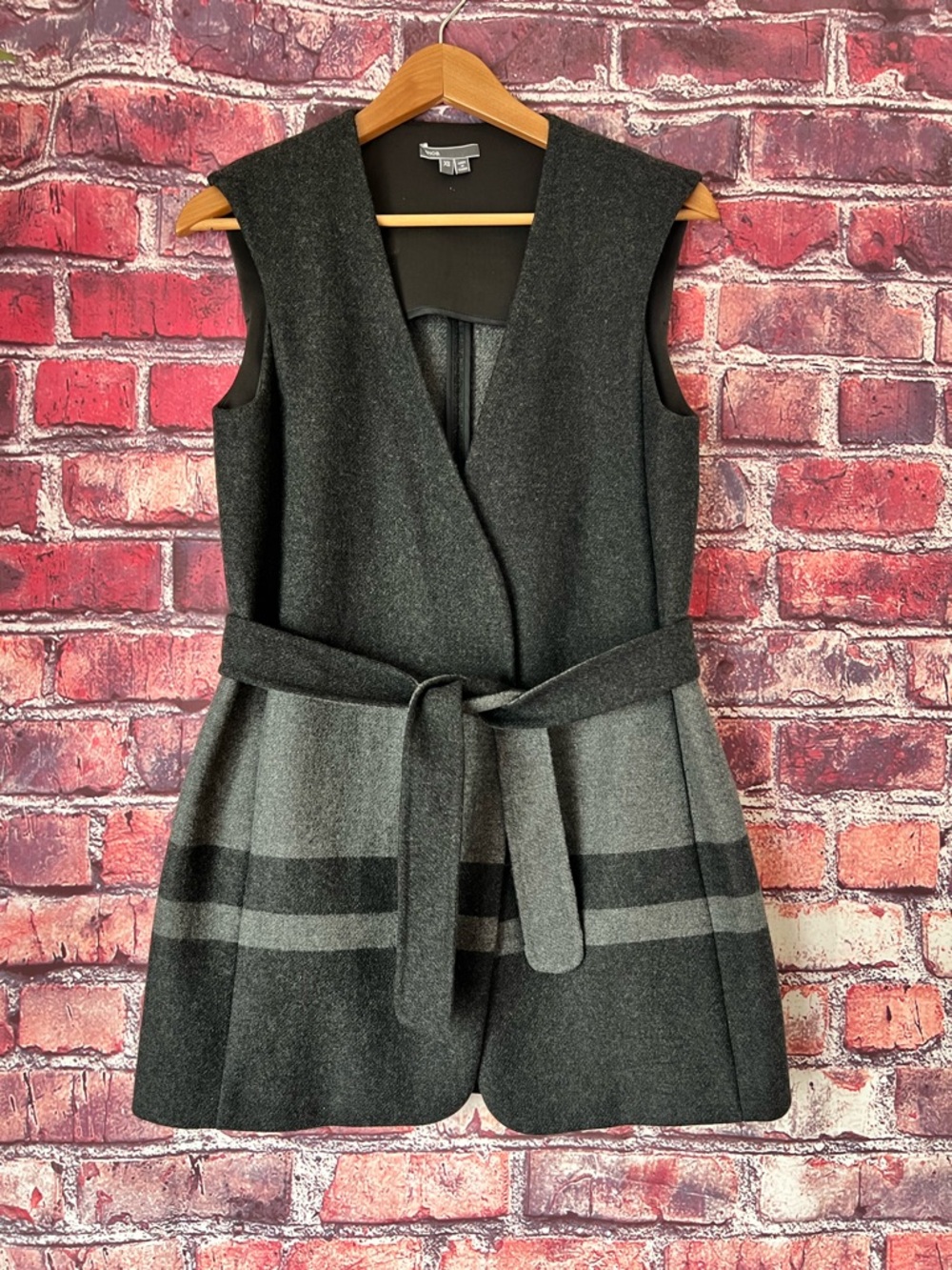 Vince Wool Blend Belted Wrap Vest Blanket Stripe Gray XS